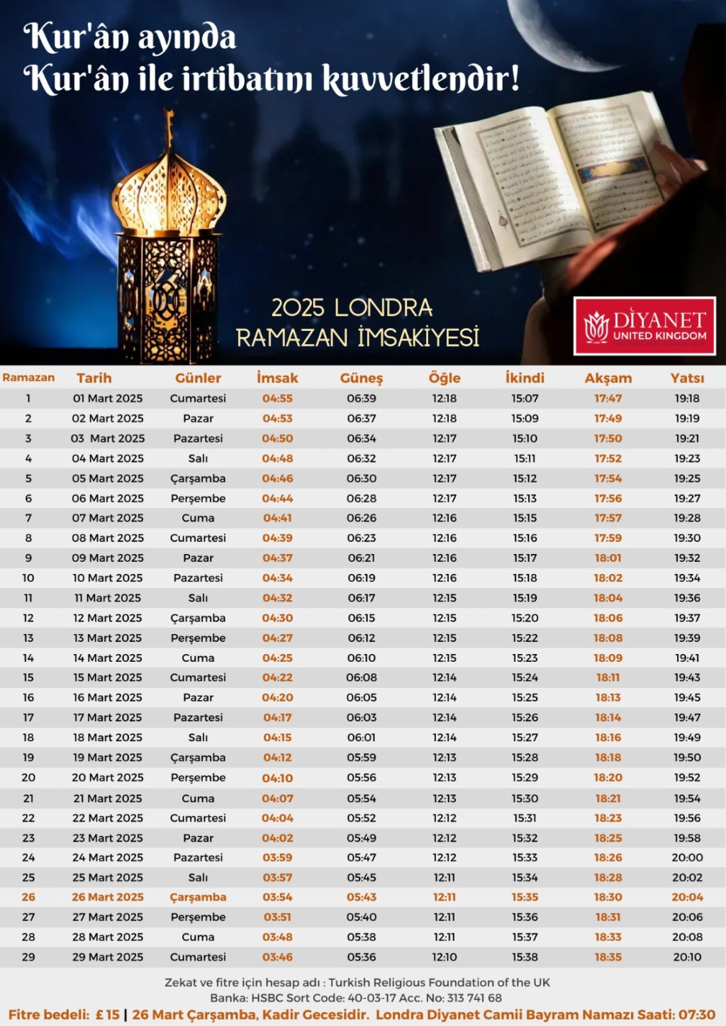 2025 yılı Londra Ramazan İmsakiyesi