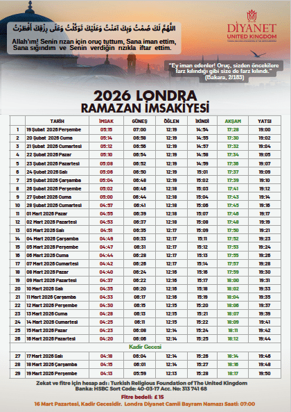 2026 LONDRA RAMAZAN&nbsp;İMSAKİYESİ